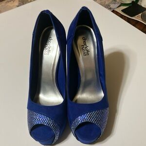 Blue suede platform heels, size 8, never worn